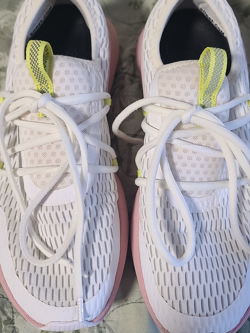 SOREL White and Pink Athletic Sneakers with Neon Yellow Accents - Picture 2 of 8